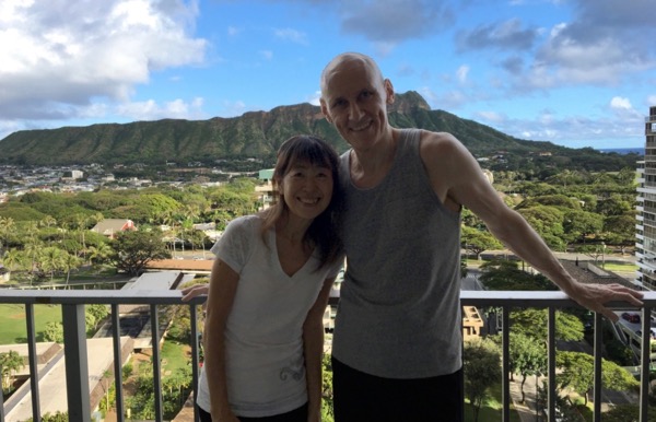 Tedd Surman and Masumi overlooking Diamond Head from Waikiki yoga studio